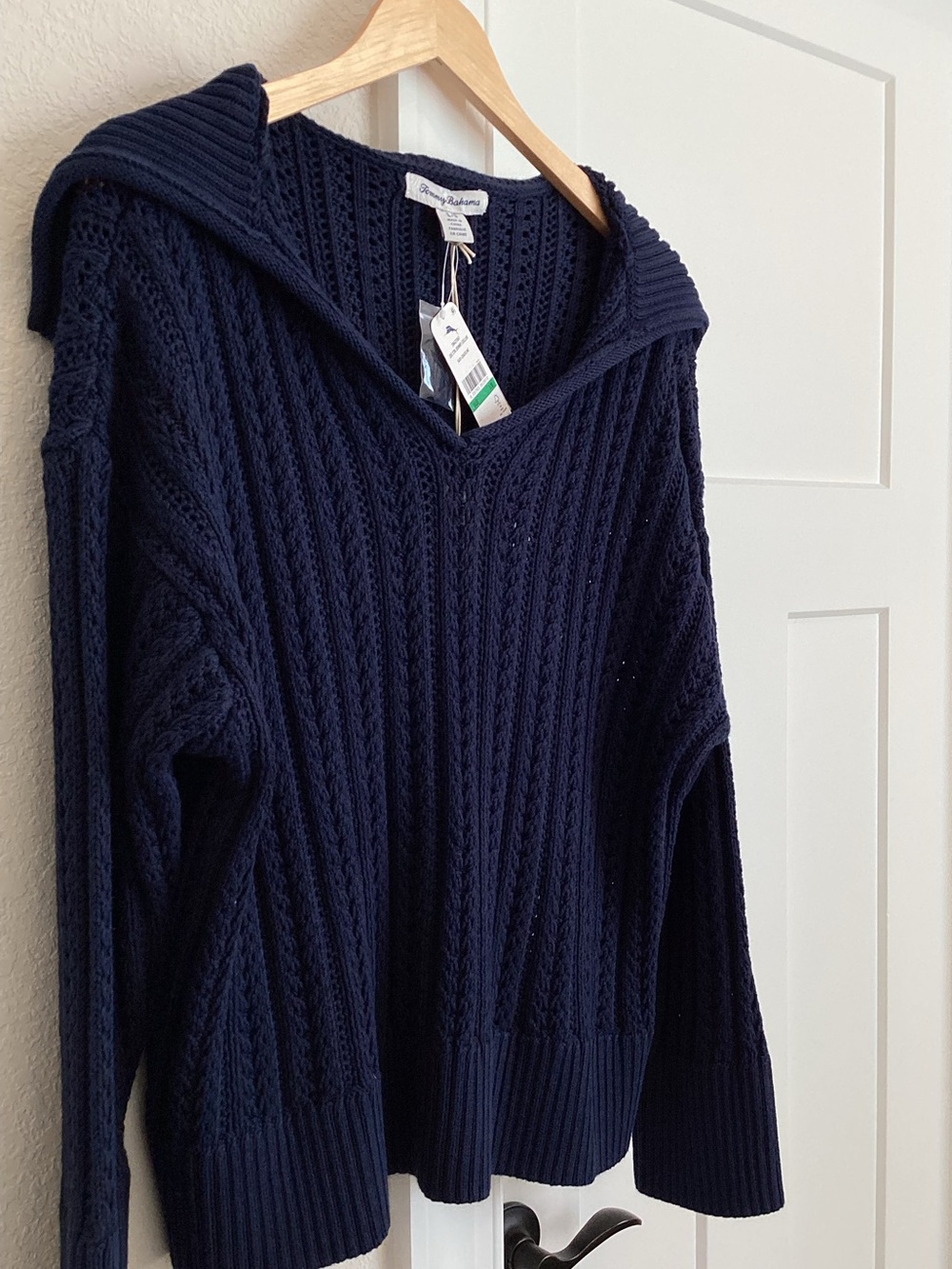 Tommy Bahama Open Knit Pointelle Sweater Johnny Sailor Collar New Medium Navy